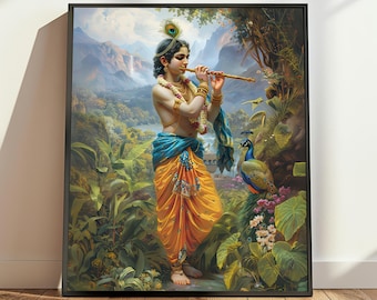 Printable Krishna Forest Art, Krishna with Flute Art, Krishna Painting, Indian Art, Hindu Art, Meditation Room Decor, Bhagavad Gita, Iskcon