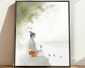 May include: A watercolor painting of a man meditating in a forest setting. He is wearing a blue and orange robe and has a blue bird perched on his hand. The background is a soft, muted green and blue.