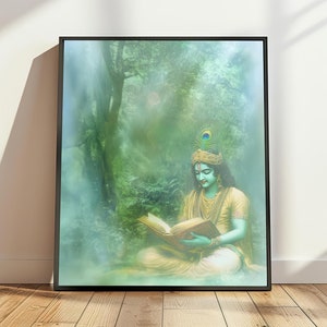 Printable Krishna with Bhagavad Gita Art, Hindu Gift, Hindu Art, Lord Krsna Art, Krishna Painting, Indian God Art,Hindu God Digital Download