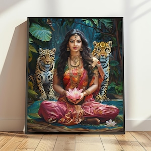 Goddess Durga Forest Meditation Art, Indian Home Decor, Hindu Gift, Spiritual Gift, Durga Bhakti Divine Goddess, Hindu Goddess Digital