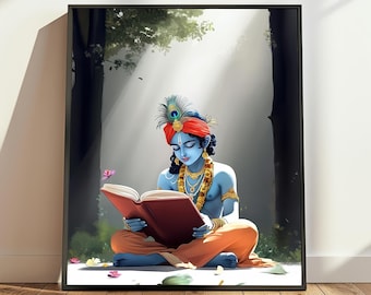 May include: A framed art print depicts a blue-skinned figure in orange clothing, seated and reading a book. The figure wears a red turban with a peacock feather and gold jewelry. The background shows a forest with sunlight streaming through the trees.