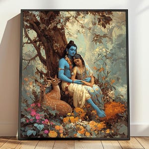 May include: Framed art print depicting a serene scene of two figures with blue skin, possibly deities, seated under a tree. Two deer are nearby, surrounded by colorful flowers. The artwork has a soft, painterly style.