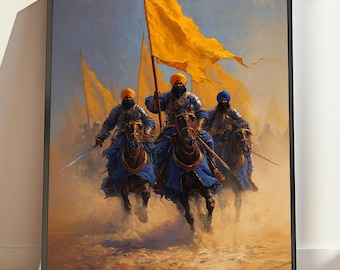 Póster de guerreros Khalsa, arte sij, vibrante arte mural de guerreros del Punjab, pintura tradicional del Punjab