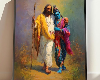 May include: Framed art print depicting two figures walking together. One figure is in white robes with a yellow shawl, holding a staff. The other figure is blue-skinned, wearing colorful garments. The artwork has a painterly style with a warm color palette.