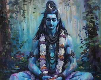 May include: A painting of a blue-skinned Hindu deity, Shiva, meditating in a forest setting. He is adorned with a garland of flowers and a beaded necklace. He holds a small bowl in his hands.