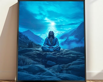 Meditatiekamer decor Jezus mediteren ingelijste print in de Himalaya religieuze kunst spirituele kunst christelijke poster christelijk interieur