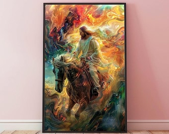 Jesus Pyshchedelic printable art, trippy jesus, jesus on horse, jesus, jesus christ, christ yoga art, modern jesus art, gift for baptism