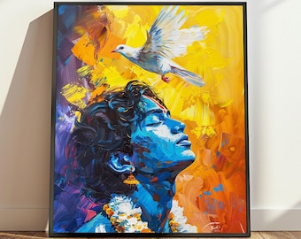 May include: A painting of a man with blue skin and long black hair. He is looking up with his eyes closed. A white dove is flying above him. The background is a vibrant yellow, orange, and purple.