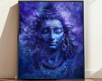 May include: A digital painting of Shiva, a Hindu deity, with a blue face and long dark hair. The background is a swirling mix of blue and purple.