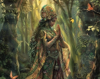 Impression d'art numérique déesse Durga - ambiance de forêt mystique - décoration hindoue spirituelle - cadeau de pendaison de crémaillère unique