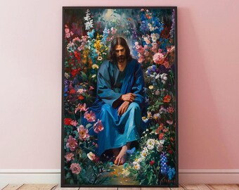 Può includere: Un dipinto di un uomo con una tunica blu seduto in un giardino di fiori colorati. L'uomo ha i capelli lunghi castani e la barba. Sta guardando le sue mani.