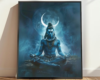 May include: A blue and white digital painting of Shiva, a Hindu deity, meditating in a lotus position. He is surrounded by a blue and white swirling mist and a crescent moon.