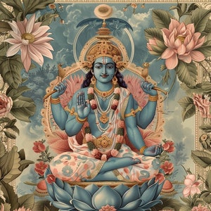 Arte digital del Señor Vishnu: deidad serena sentada en una flor de loto, decoración espiritual hindú, regalo de bendición divina para los devotos