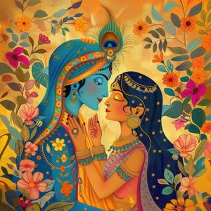 May include: A colorful painting depicting a couple in a loving embrace. The woman is wearing a pink and gold outfit, while the man is wearing a blue and gold outfit. They are surrounded by flowers and greenery.
