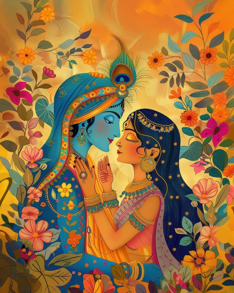 May include: A colorful painting depicting a couple in a loving embrace. The woman is wearing a pink and gold outfit, while the man is wearing a blue and gold outfit. They are surrounded by flowers and greenery.