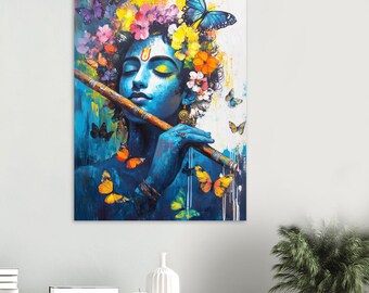 Lord Krishna with Flute Art, Krishna Painting, Krishna Poster, Hindu Home Decor, Hinduism Art, Hindu God Art
