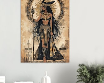May include: An illustration of an Egyptian queen in gold and black attire, holding a staff. The artwork features a sunburst halo and hieroglyphic details, set against a textured, sepia-toned background. The queen's long, dark hair cascades down her back.