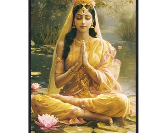 Hindu Goddess Lakshmi meditating art print lotus garden hindu gift hindu art religious gift meditation art room decor yoga art indian décor