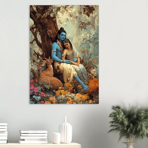 Lord Ram och Sita gudomlig matt poster, hinduisk väggkonst, hinduisk gudposter, Lord Ram-poster och målning, altarbhakti-foto, indisk målning