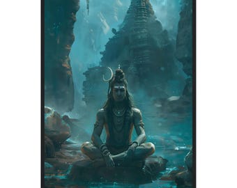 May include: A digital painting of a Hindu deity, Shiva, meditating in a lotus position in front of a temple. The temple is made of stone and has a tall, pointed roof. The background is a blue and green landscape with a waterfall.
