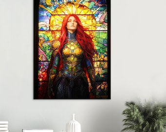 Athena, de Griekse godin, wanddecoratie van gebrandschilderd glas.