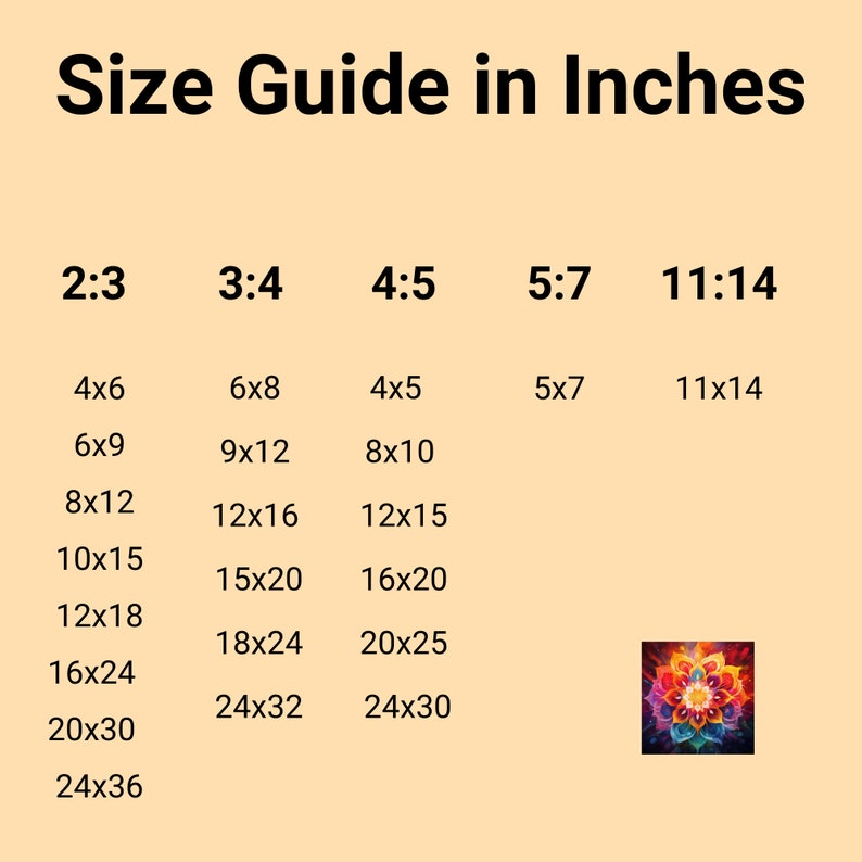 May include: Size guide for diamond painting kits in inches. The chart shows different size ratios, including 2:3, 3:4, 4:5, 5:7, and 11:14. Each ratio has a list of corresponding dimensions in inches, such as 4x6, 6x9, 8x12, 10x15, 12x18, 16x24, 20x30, and 24x36. The chart is illustrated with a colorful mandala diamond painting.