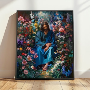 Spiritual artwork featuring Jesus in meditation, ideal home decor, Christian spiritual gift, flower designs, digital download