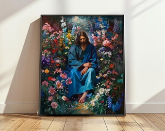 Spiritual artwork featuring Jesus in meditation, ideal home decor, Christian spiritual gift, flower designs, digital download