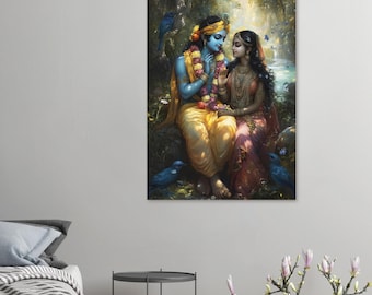 Lord Krishna With Radha Matte Poster, Krishna And Radha, Krishna Art, Krishna Painting, Indian God Art, Hindu Gift