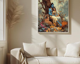 ラーマ神とシータ神の版画：ヒンドゥー教の神々の芸術、インド絵画