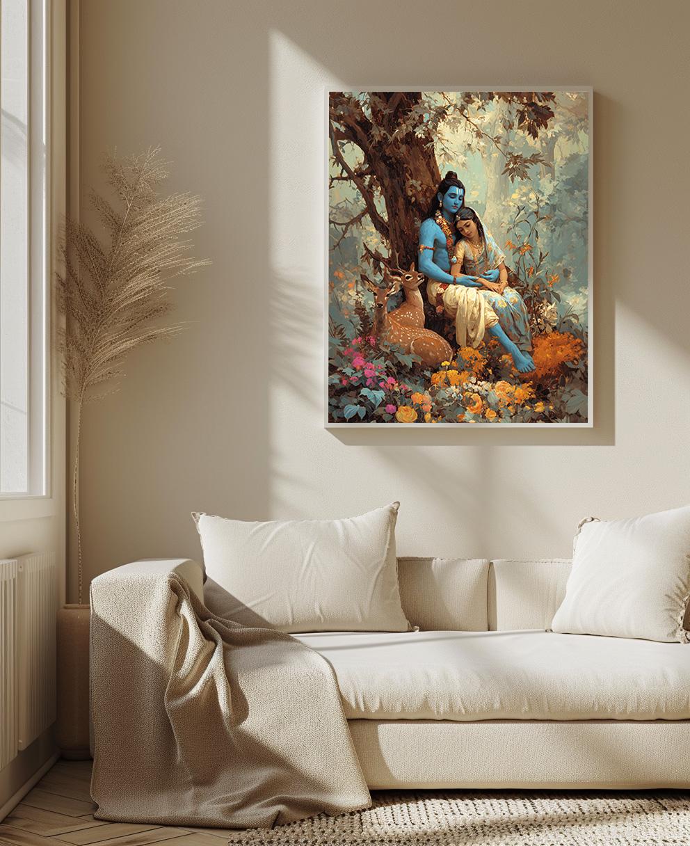 ラーマ神とシータ神の版画：ヒンドゥー教の神々の芸術、インド絵画