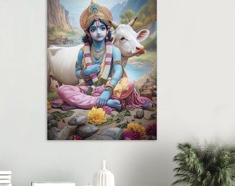 Child Krishna with Cow Matte Poster, Hindu God Art, Hindu Wall Art, Indian Painting, Krishna Art, Krishna Painting