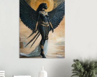 May include: A painting depicting a dark-skinned figure with large black wings, wearing gold jewellery and a gold halo. The figure is dressed in black and gold, set against a backdrop of tan and gold hues, reminiscent of ancient Egypt.