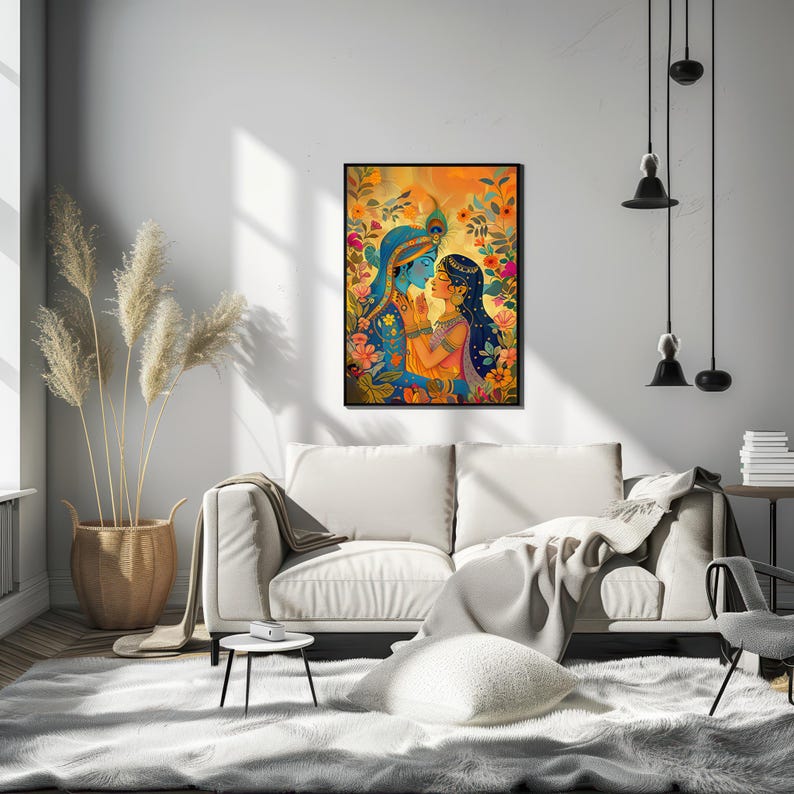 May include: A painting of a couple in a colorful floral setting. The man is blue and the woman is wearing a pink and gold outfit. The painting is framed and hanging on a white wall.
