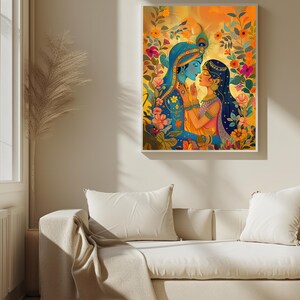 May include: A colorful illustration of a couple embracing in a garden setting. The man is wearing a blue and gold outfit, while the woman is wearing a pink and gold outfit. The background is filled with flowers and leaves.
