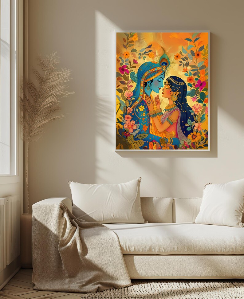 May include: A colorful illustration of a couple embracing in a garden setting. The man is wearing a blue and gold outfit, while the woman is wearing a pink and gold outfit. The background is filled with flowers and leaves.