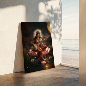 Goddess Saraswati Canvas Art, Yoga Room Decor, Meditation Gift, Divine Feminine Art, Hindu Goddess Art, Saraswati Art Print