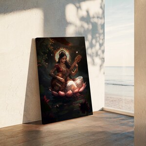 Goddess Saraswati Canvas Wall Art, Indian Goddess Art, Indian Painting, Hindu Wall Art, Saraswati Painting, Meditation Room Art