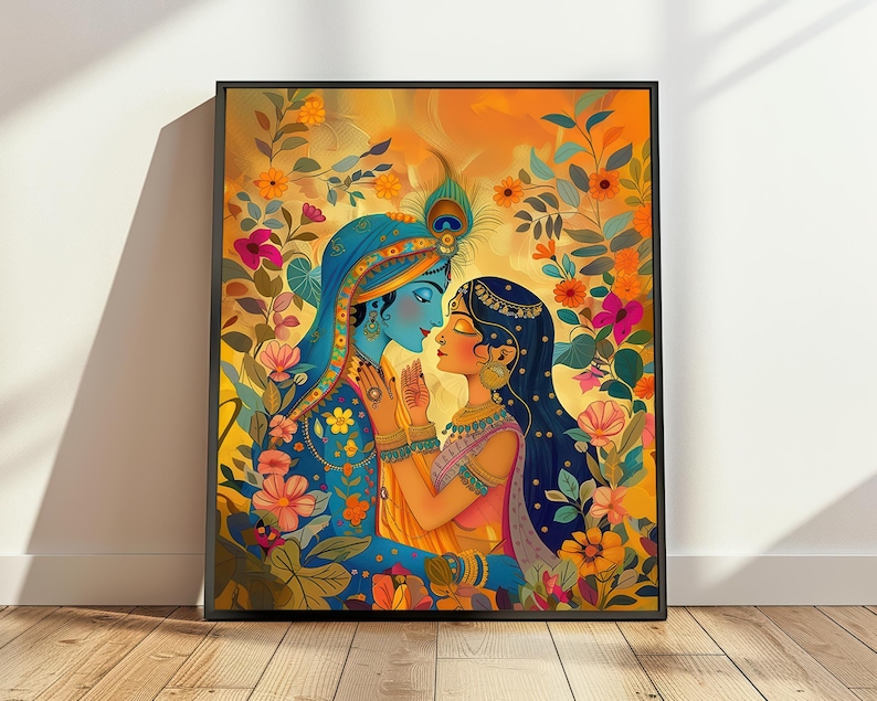 May include: A colorful illustration of a couple embracing in a garden setting. The woman is wearing a pink and gold outfit with a blue headpiece, while the man is wearing a blue and gold outfit with a peacock feather headdress. The background is filled with vibrant flowers and foliage.
