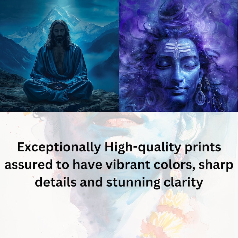 May include: Two digital art prints featuring a meditating man with a long beard and a meditating man with a third eye. The prints are in shades of blue and purple with a white background.