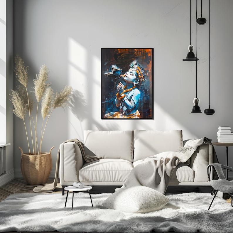 K&ouml;nnte beinhalten: Ein Gem&auml;lde eines jungen Menschen mit einem blauen und goldenen Kopfschmuck, der zu einem kleinen blauen Vogel aufblickt. Das Gem&auml;lde ist vor einem dunklen Hintergrund mit orangefarbenen und braunen Farbt&ouml;nen gehalten.