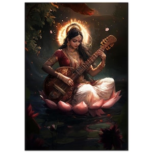 Goddess Saraswati Art Print, Meditation Room Decor, Yoga Wall Art, Saraswati Poster, Hindu Wall Art, Hindu Goddess Art, Divine Altar Photo