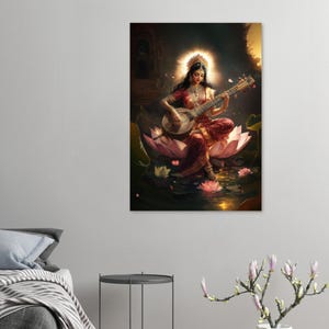 Goddess Saraswati Art Print, Goddess Saraswati Poster, Saraswati Art, Hinduism Poster, Hindu Goddess Art, Altar Bhakti Art
