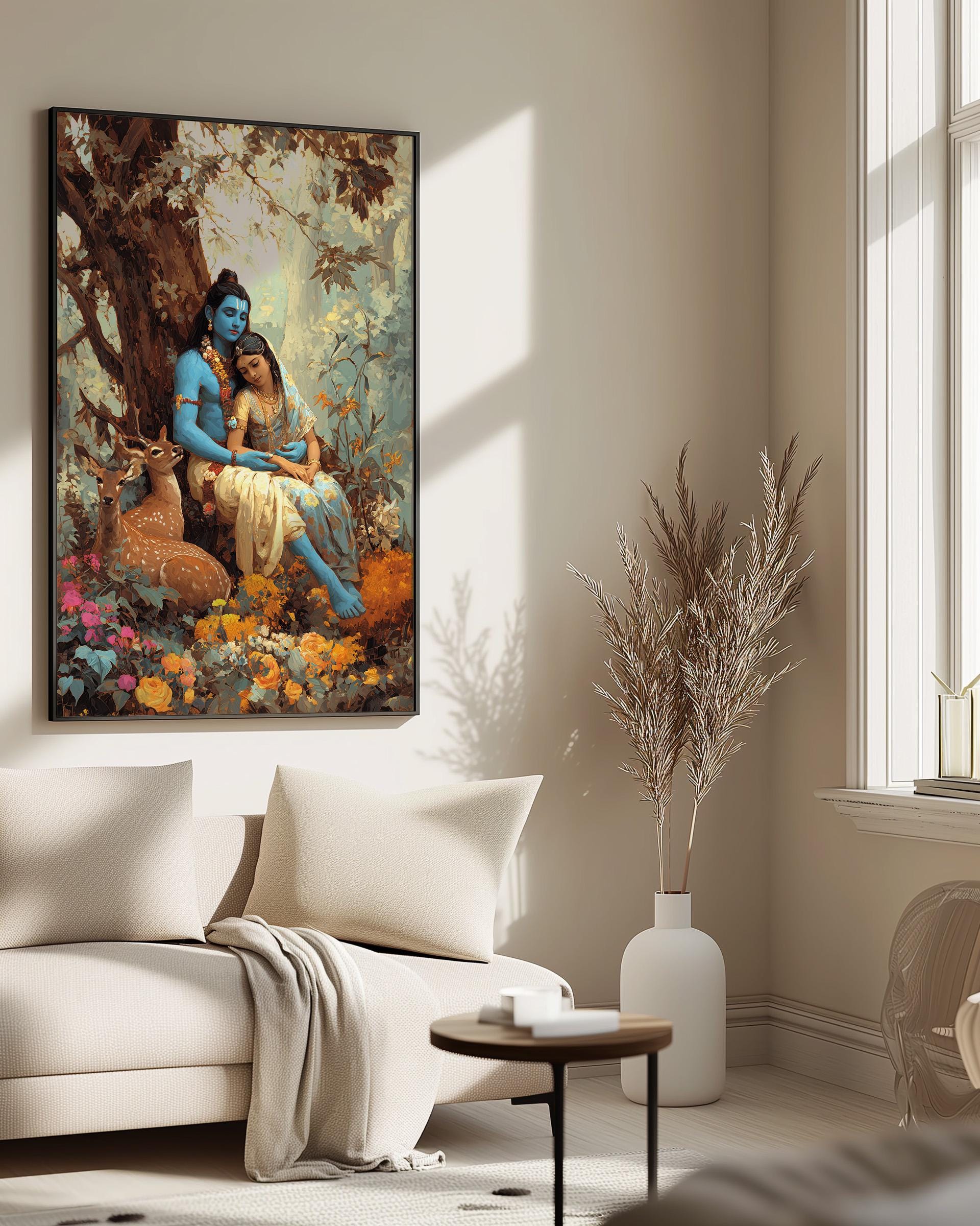 ラーマ神とシータ神の版画：ヒンドゥー教の神々の芸術、インド絵画