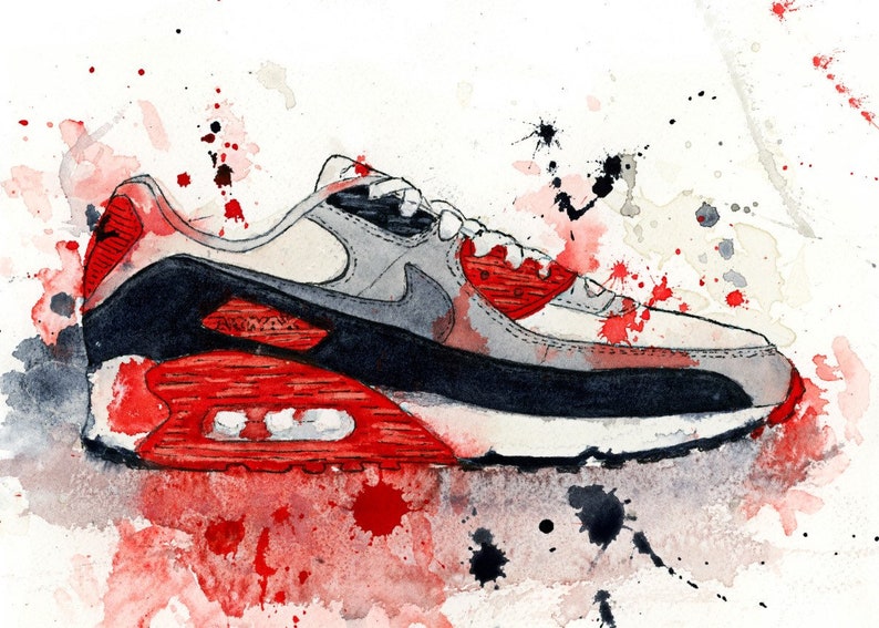 May include: Watercolor painting of a red, white, and gray sneaker with black accents. The sneaker is surrounded by red and black paint splatters on a white background.