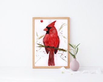 Cardinal on Branch watercolour print wall art