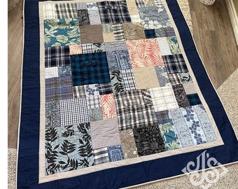 May include: A patchwork quilt with a blue and white plaid pattern, featuring a variety of fabrics in different colors and patterns, including floral, geometric, and paisley designs. The quilt is bordered with a dark blue fabric.