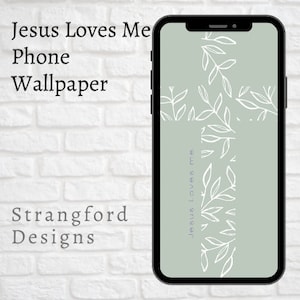 Puede incluir: Un fondo de pantalla de teléfono verde claro con una cruz blanca hecha de hojas y el texto "Jesus Loves Me" escrito verticalmente en el lado derecho de la cruz.