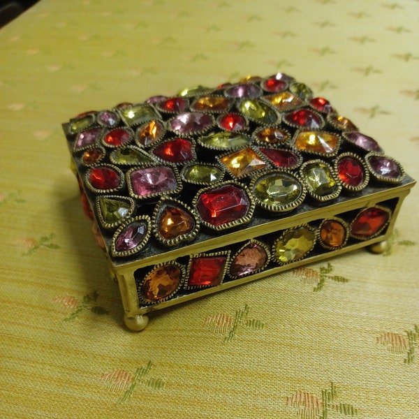 Jeweled Trinket Box Multi Color Glass Stones on Metal Lift-Off Lid Velvet Lined