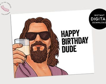 May include: A digital birthday card featuring a cartoon illustration of a man with long brown hair and a beard, wearing sunglasses and a purple robe, holding a glass of liquid. The text "Happy Birthday Dude" is written in black letters.
